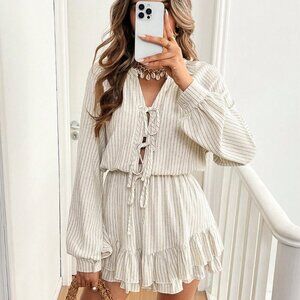 Casual Womens Striped Surplice V Neck Long Sleeve Tie Front Jumpsuit